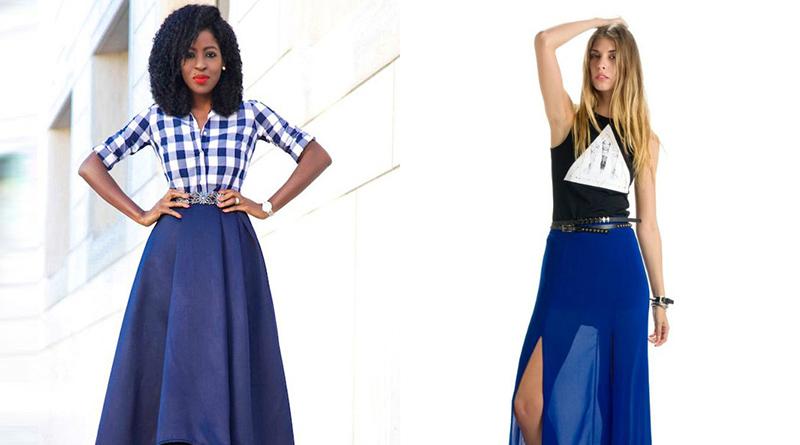 A blue floor-length skirt is a completely boring look!
